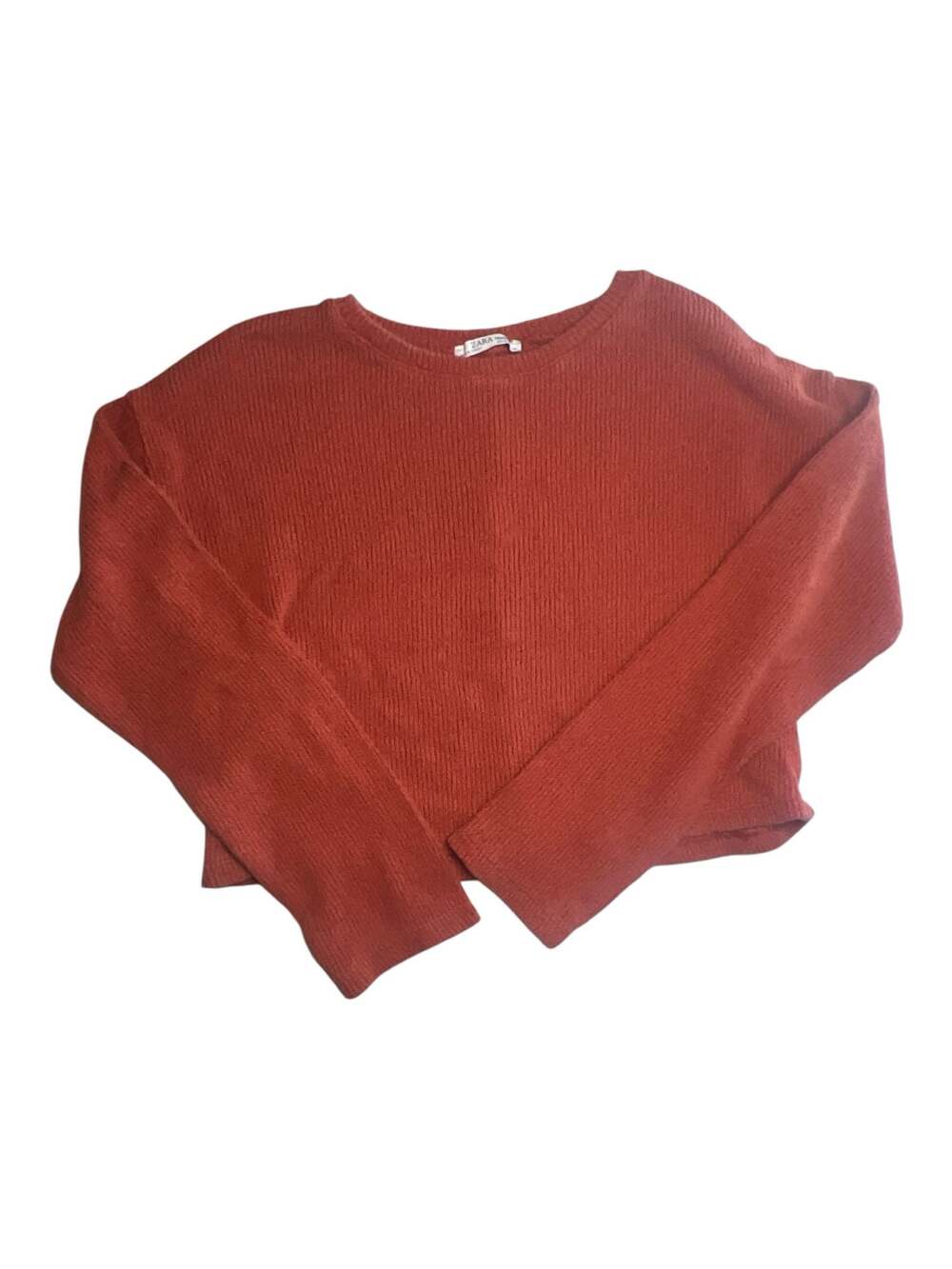 ZARA Trafaluc Rust Orange Ribbed Knit Cropped Crewneck Sweater